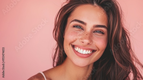 Portrait of a smiling woman focusing on hair care, showcasing beauty and texture in a studio setting. Features of happiness, grooming, and luxury with a salon treatment for confidence