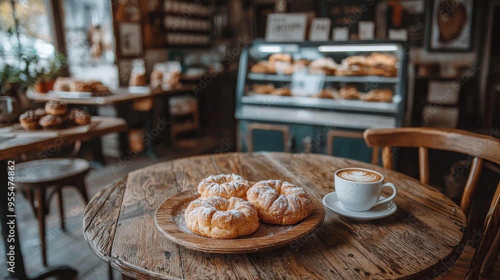 Cozy Cafe Table Closeup of powdered sugar pastries latte rustic wood blurred background Cozy Cafe Table Closeup of powdered sugar pastries latte rustic wood blurred background