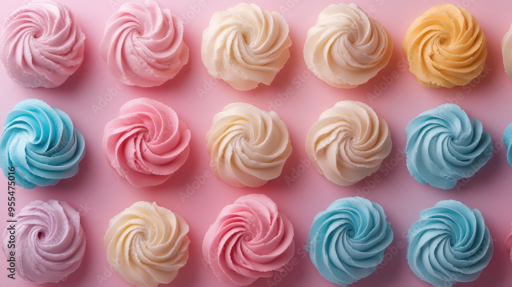 Colorful swirl cupcakes arranged on a pink backdrop for dessert display Colorful swirl cupcakes arranged on a pink backdrop for dessert display