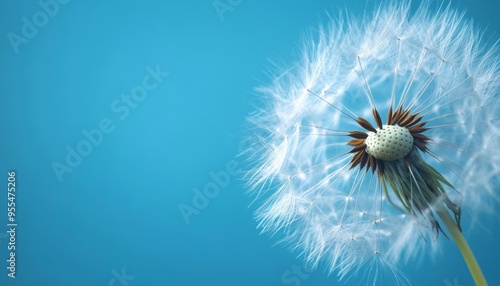 Close up of a dandelion against a blue background  nature s delicate beauty captured photo