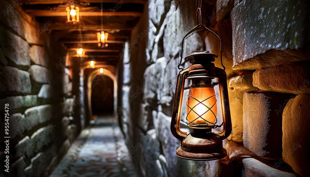 Old rusty oil lamp is hanging on a stone wall and illuminating a passage in a dark mysterious tunnel Old rusty oil lamp is hanging on a stone wall and illuminating a passage in a dark mysterious tunnel