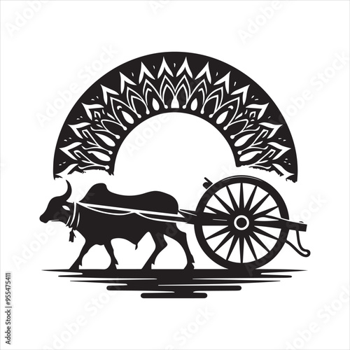 bullock cart wheel silhouette vector With White Background 