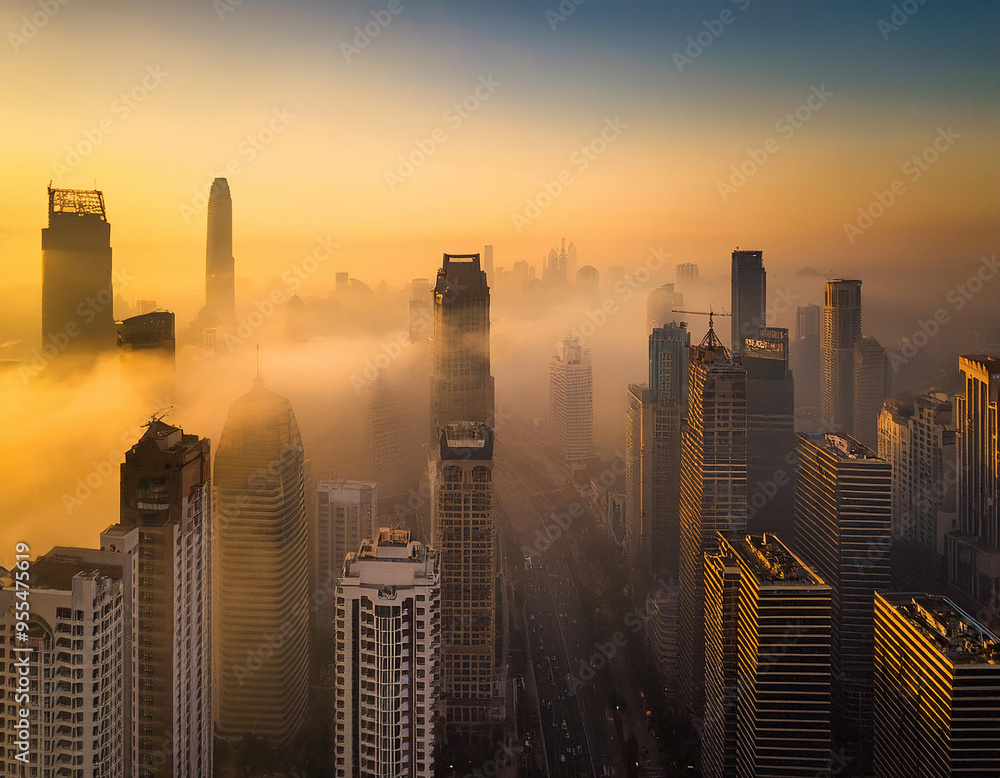 Obraz premium Golden sunrise illuminating skyscrapers emerging from a blanket of fog in jakarta, indonesia
