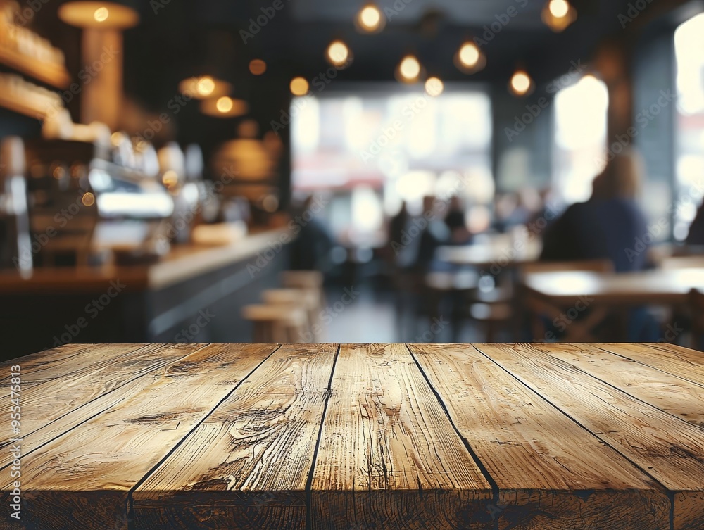 Rustic Wooden Tabletop in a Blurred Cafe Setting with Warm Lighting and Bokeh Rustic Wooden Tabletop in a Blurred Cafe Setting with Warm Lighting and Bokeh