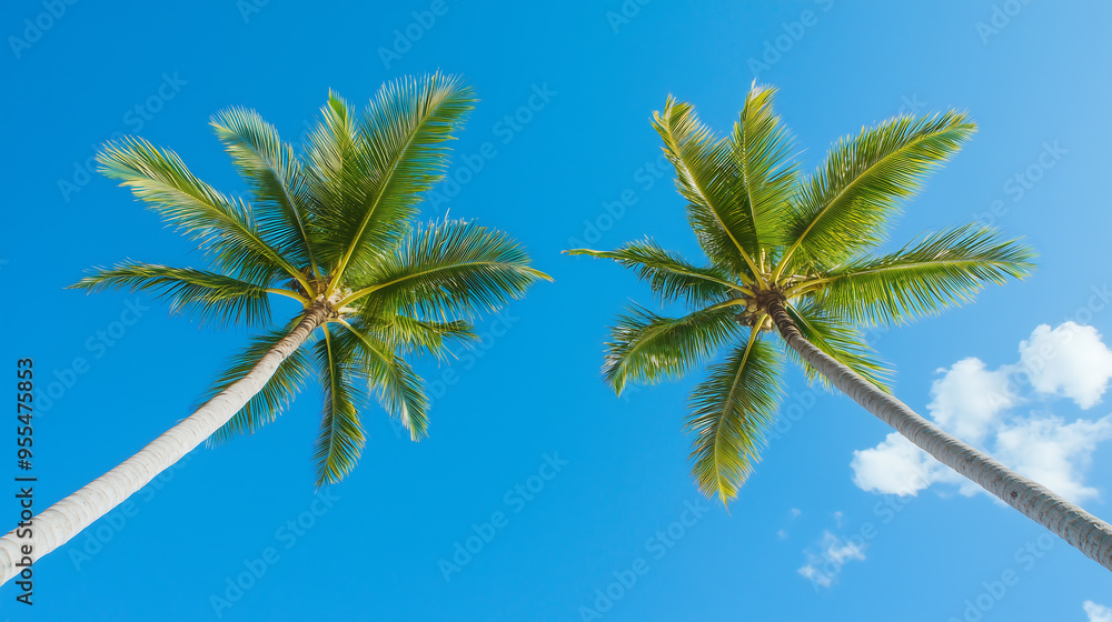 Naklejka premium Looking up at two coconut trees against a clear blue sky, tropical perspective