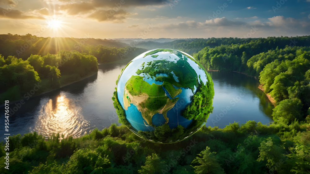 Planet Earth's Golden Hour: A stunning aerial view of a pristine river delta at sunset, with a giant, reflective globe showcasing Africa and Europe. Planet Earth's Golden Hour: A stunning aerial view of a pristine river delta at sunset, with a giant, reflective globe showcasing Africa and Europe.