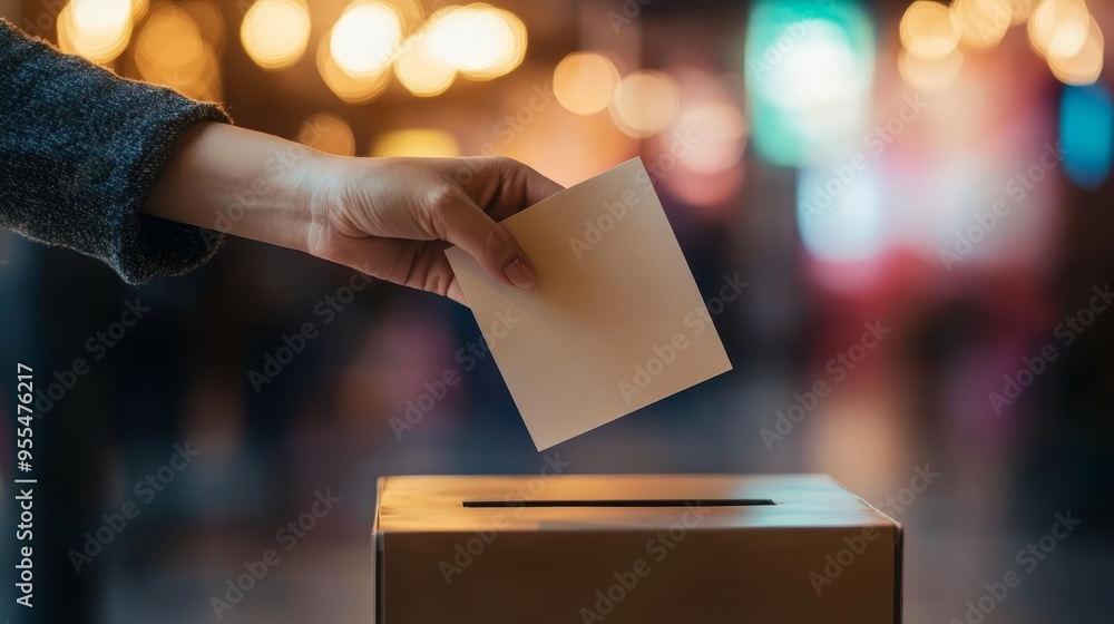 Hand placing a voting ballot in a ballot box at a polling place during election season