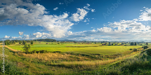 Panoramic wide-angle shots of farmland and rural villages.