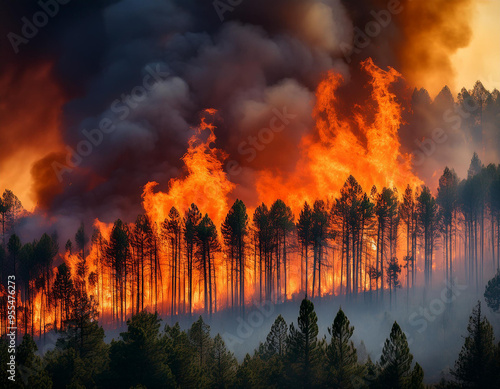 Wildfire burning on a mountainside, consuming trees and generating a massive smoke plume