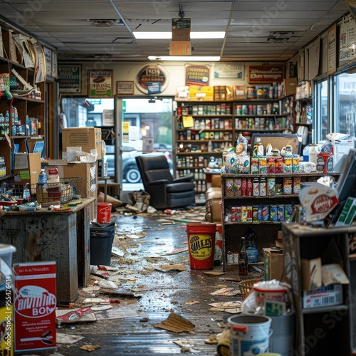 Messy Store Interior with Shelves of Canned Goods and Debris on Floor