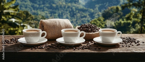 Three Steaming Cups of Coffee on Wooden Table with Coffee Beans and Burlap Sacks Against a Blurred Green Mountain Background