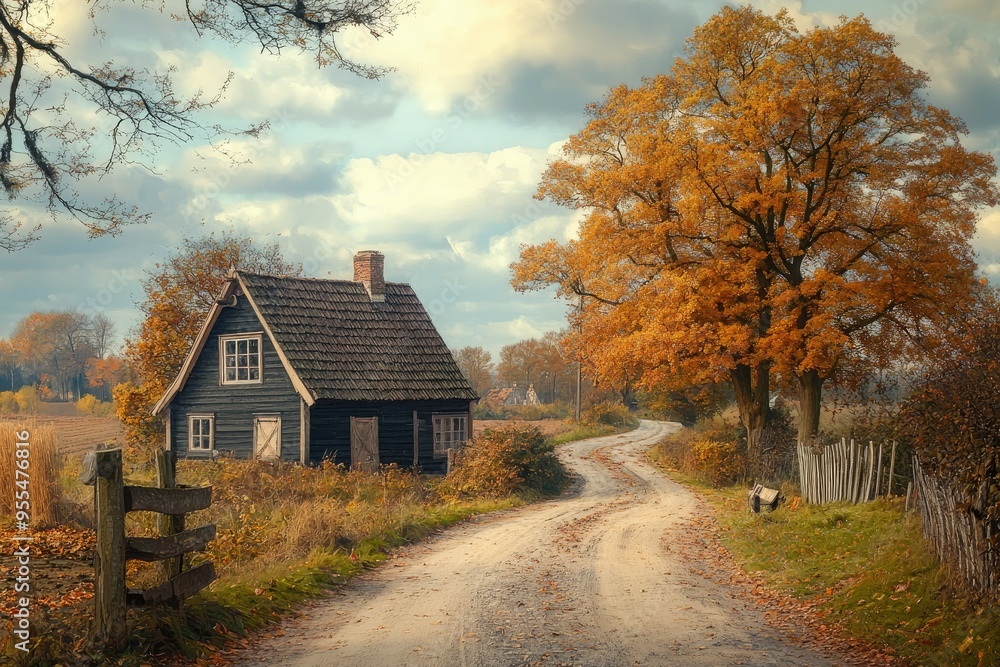 Rustic Wooden House on a Winding Country Road in Autumn Rustic Wooden House on a Winding Country Road in Autumn