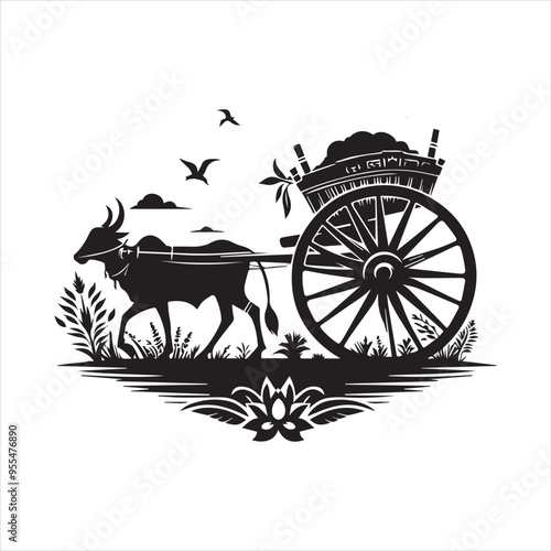 bullock cart wheel silhouette vector With White Background 