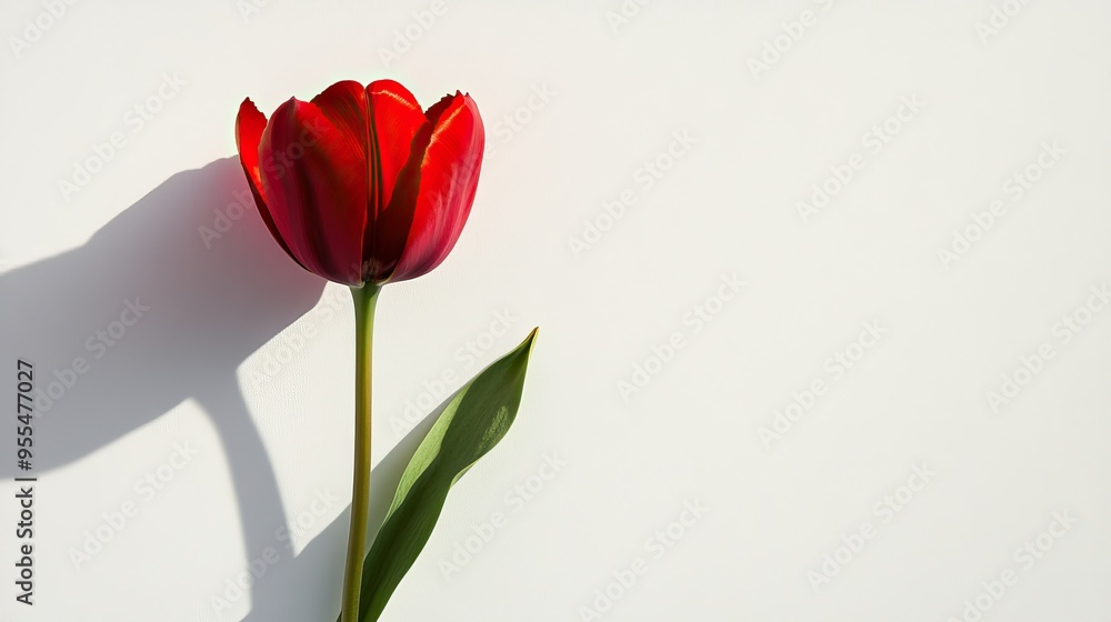 Single Red Tulip with Shadow on White Background Single Red Tulip with Shadow on White Background
