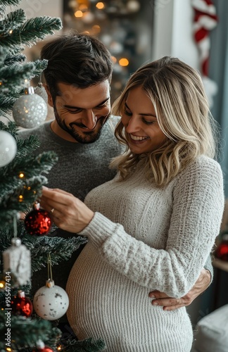 Pregnant Woman and Man Decorating Christmas Tree with Ornaments