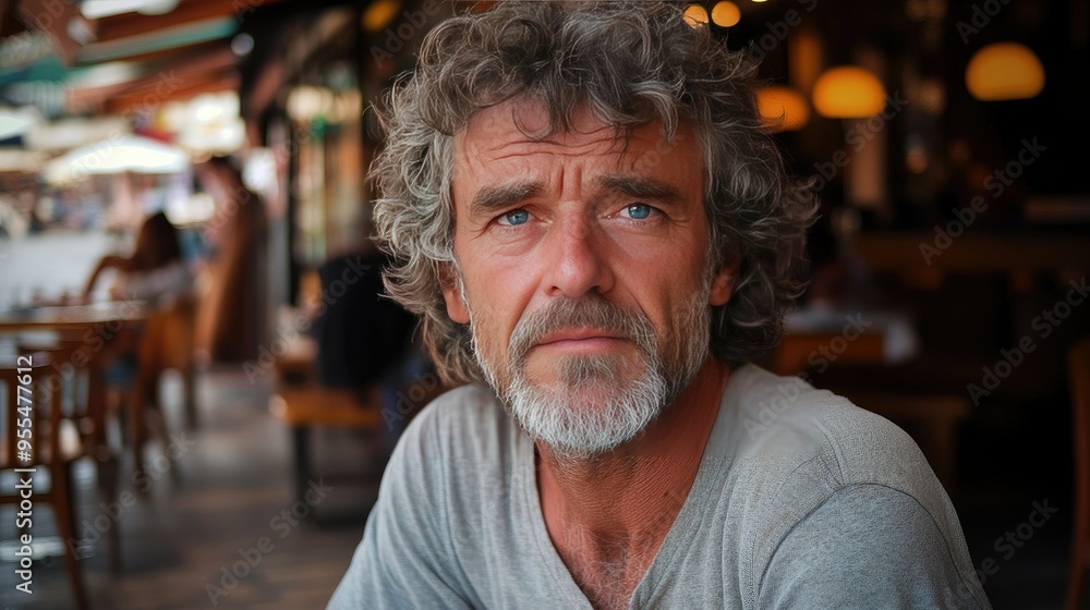 Portrait of a Man with Gray Hair and Blue Eyes in a Cafe Portrait of a Man with Gray Hair and Blue Eyes in a Cafe