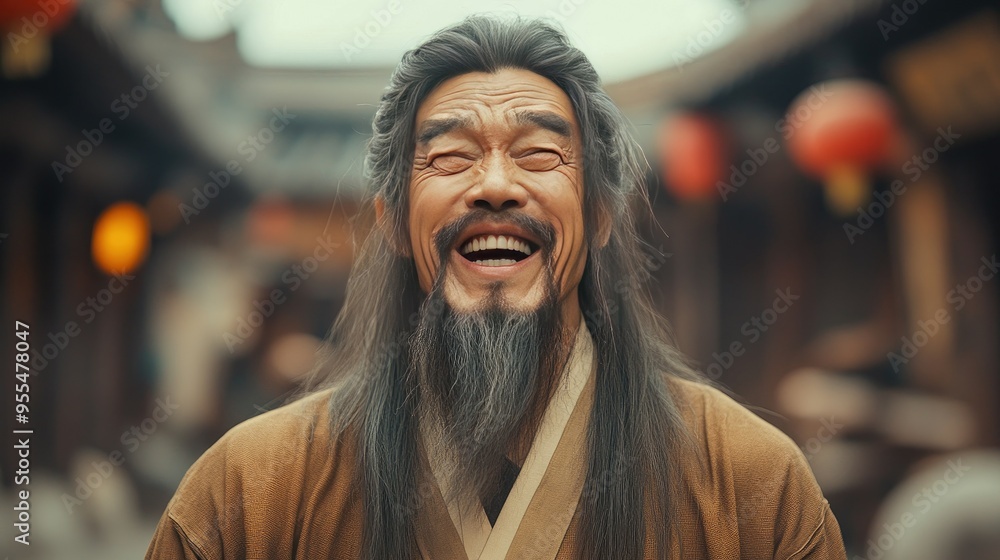 Fototapeta premium Happy Elderly Asian Man with Long Grey Hair and Beard in Traditional Clothing