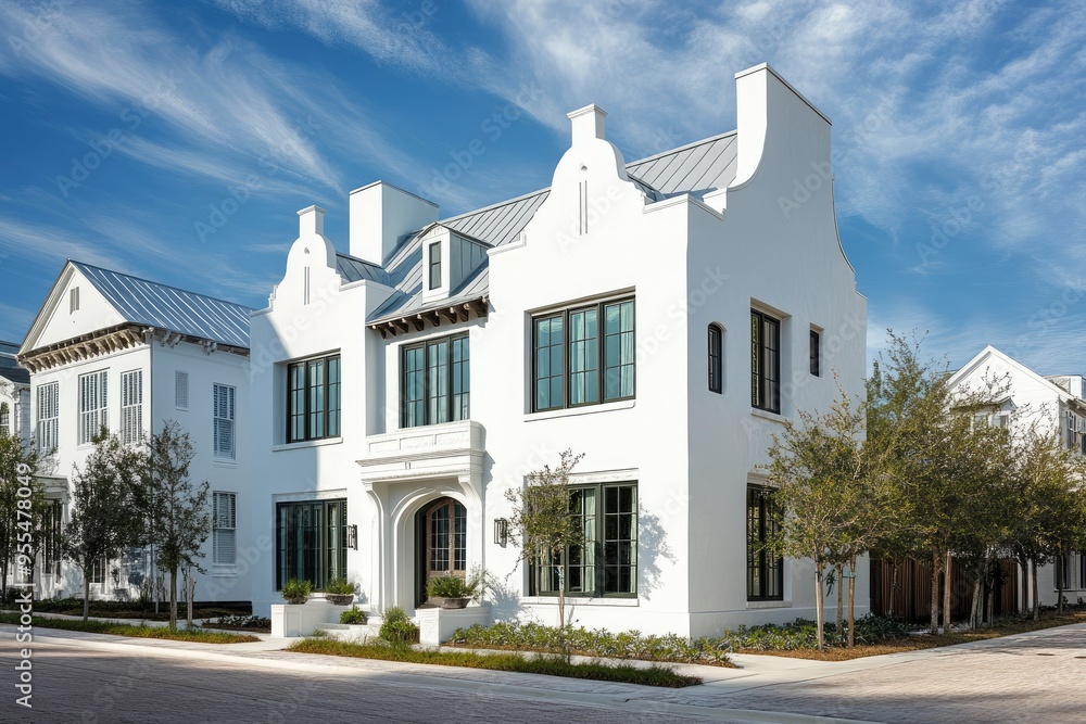 White Stucco House with Black Windows and Metal Roof in a Suburban Neighborhood White Stucco House with Black Windows and Metal Roof in a Suburban Neighborhood