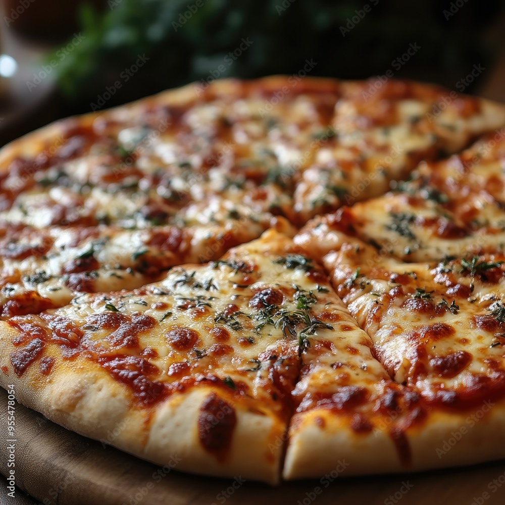 Pizza with Cheese and Herbs on Wooden Board Pizza with Cheese and Herbs on Wooden Board