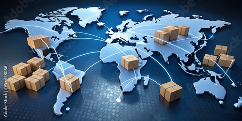Global Shipping Network 3D World Map with Cardboard Boxes, 3D, Logistics, Delivery, Worldwide
