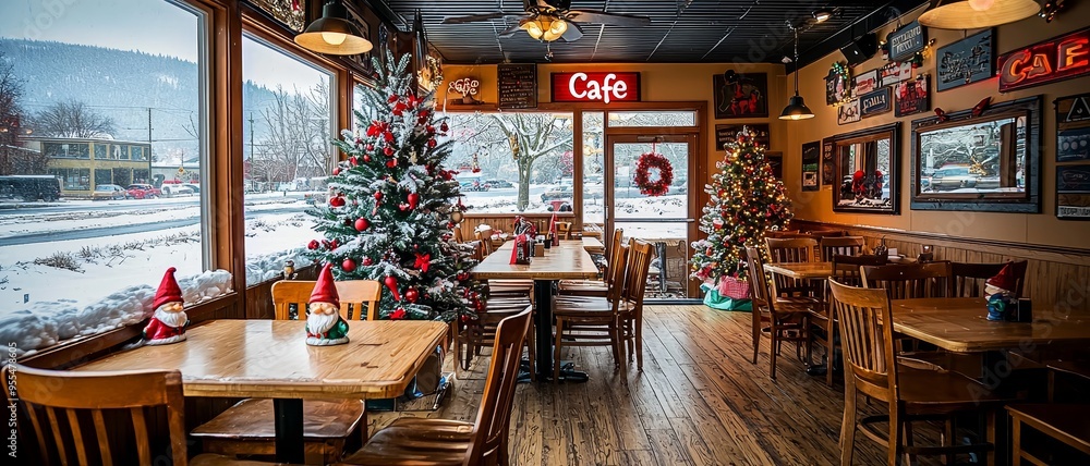 Fototapeta premium Winter Wonderland Cafe Festive Tables Gnomes Gaze Out Snowy Window with Christmas Trees Festive Decor
