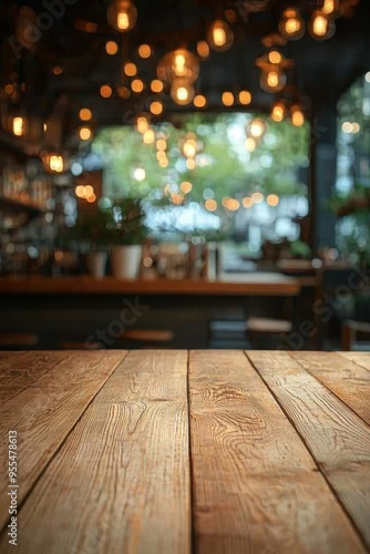 Wooden Tabletop Focus with Blurred Bar Interior and Bokeh Lights Coffee