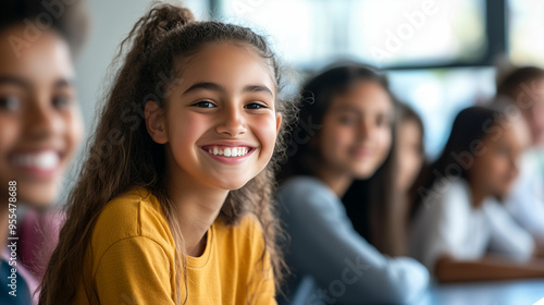 A joyful girl smiles brightly in a classroom filled with students during a vibrant learning session
