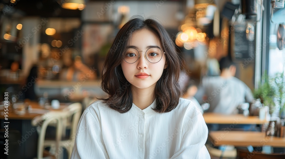 A Girl in Glasses Looks Directly at the Camera in a Busy Cafe A Girl in Glasses Looks Directly at the Camera in a Busy Cafe
