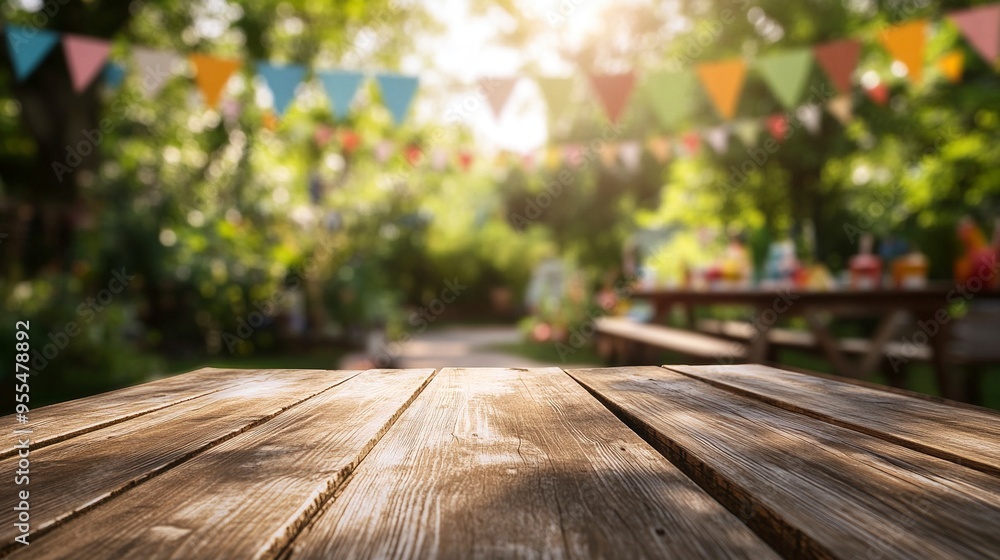 Empty wooden table with party in backyard, blurred background with festive bunting.