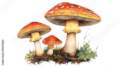 Watercolor Painting of Three Red and White Mushrooms in the Forest, watercolor, mushroom, forest