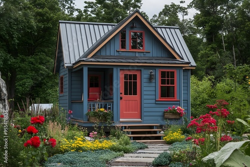 Colorful Seaside Cottage with Charming Flower-Filled Garden and Rustic Wood Exterior