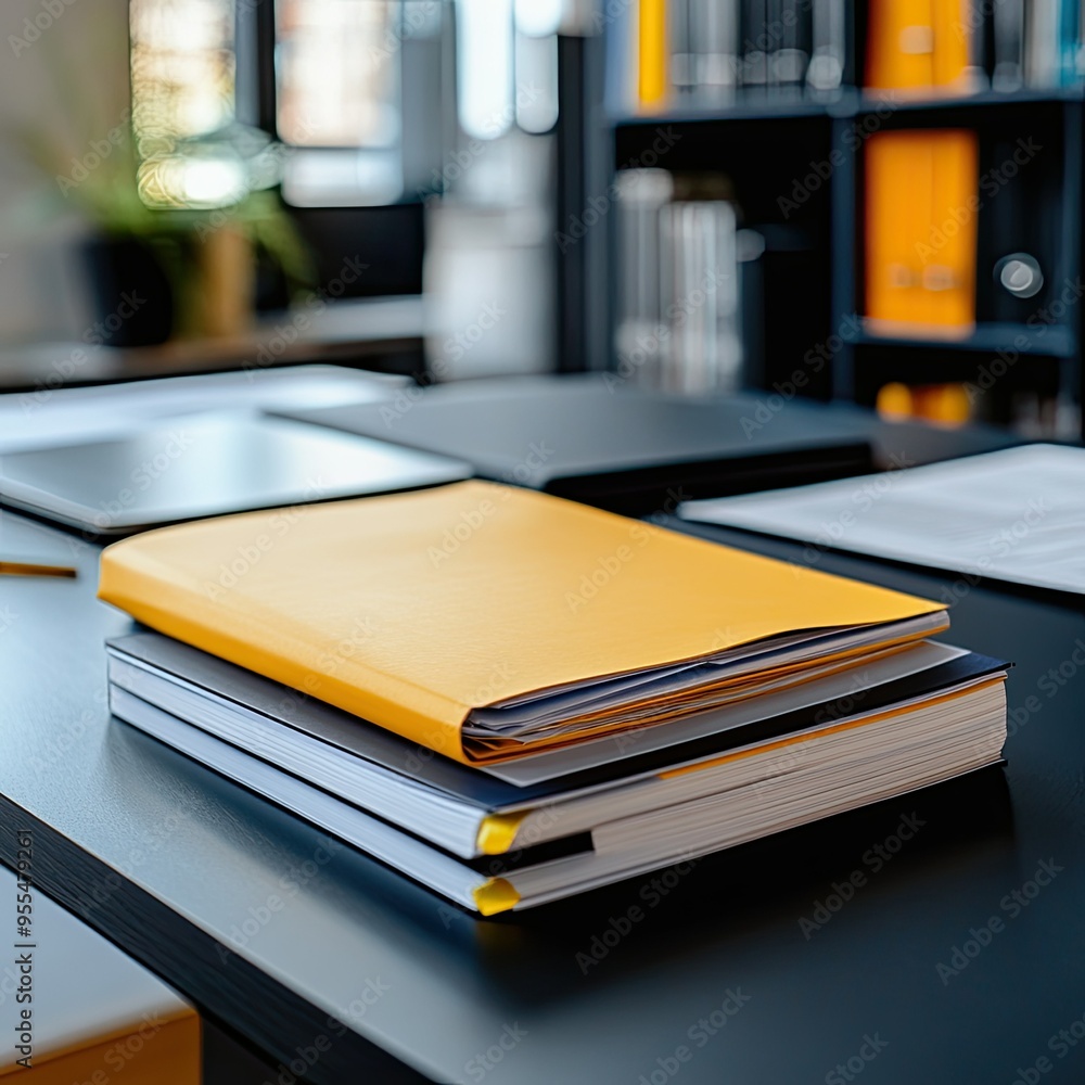 Fototapeta premium Yellow Folder and Books on a Black Desk