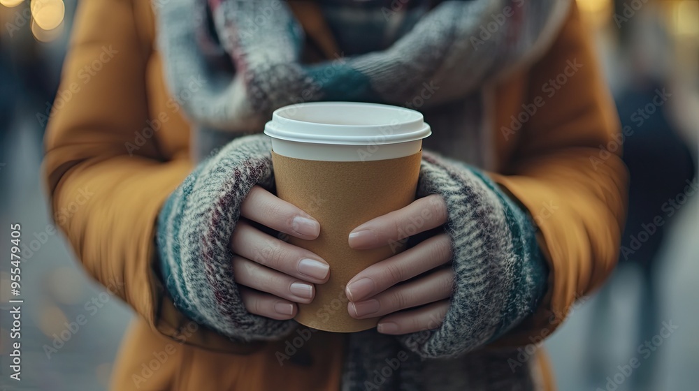 A cozy scene with a person holding a hot drink in a to-go cup, wrapped in a scarf, ready to enjoy on the go or at home. Ample copy space for promotional content. A cozy scene with a person holding a hot drink in a to-go cup, wrapped in a scarf, ready to enjoy on the go or at home. Ample copy space for promotional content.