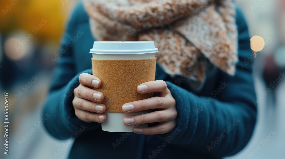 A cozy scene with a person holding a hot drink in a to-go cup, wrapped in a scarf, ready to enjoy on the go or at home. Ample copy space for promotional content. A cozy scene with a person holding a hot drink in a to-go cup, wrapped in a scarf, ready to enjoy on the go or at home. Ample copy space for promotional content.