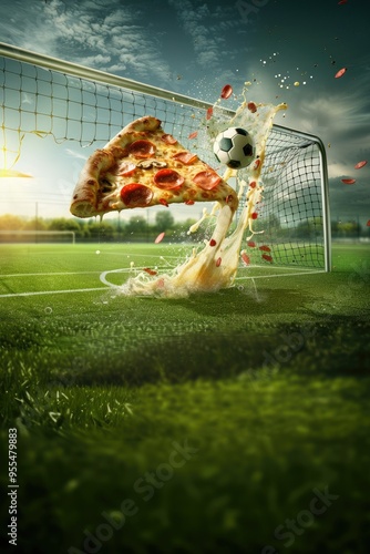 Pizza Slice and Soccer Ball Goal on Green Grass Field