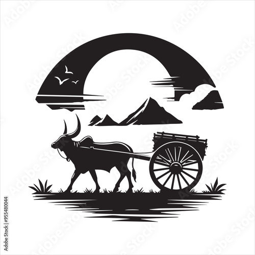 bullock cart wheel silhouette vector With White Background 