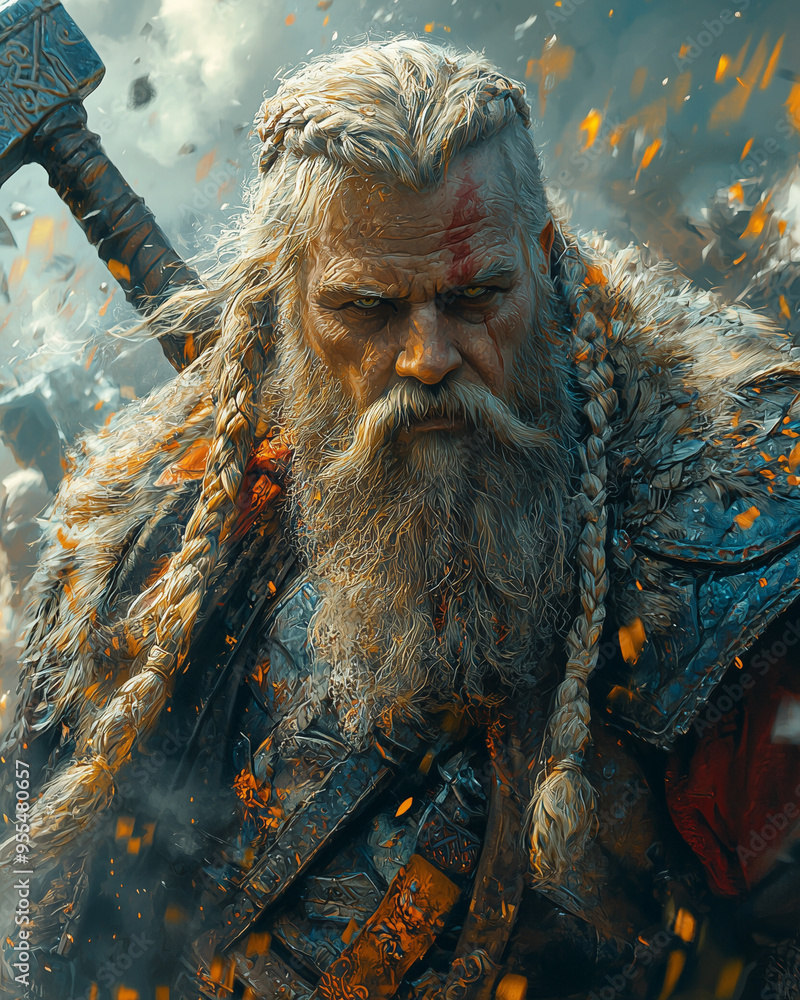 determined dwarf male warrior with braided beard and scars wielding a ...