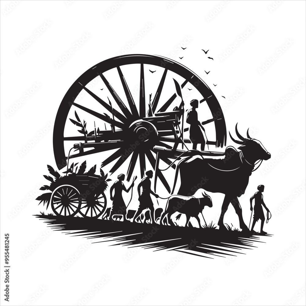 Fototapeta premium bullock cart wheel silhouette vector With White Background