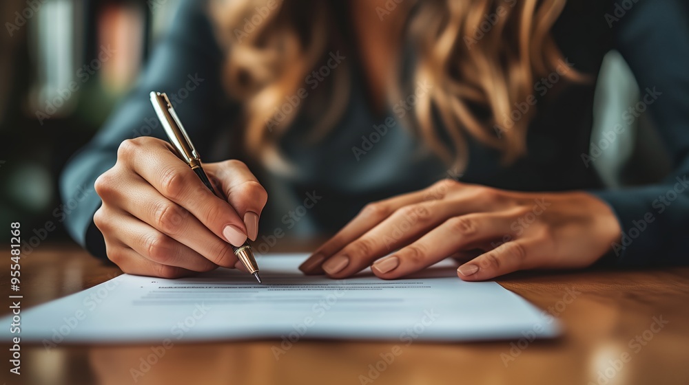 A person writes a formal document at a wooden desk during the day, focusing on the task with a pen in hand and papers laid out A person writes a formal document at a wooden desk during the day, focusing on the task with a pen in hand and papers laid out
