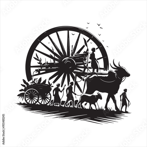 bullock cart wheel silhouette vector With White Background 