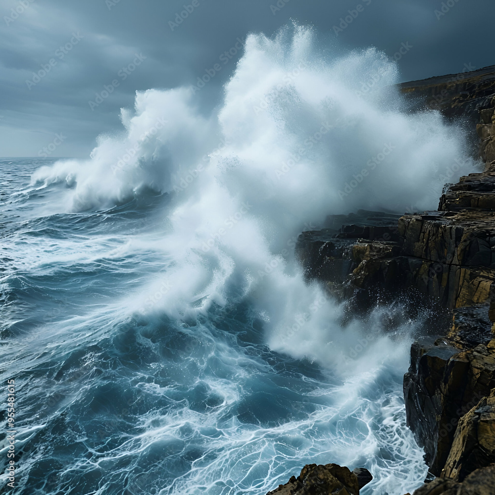 Obraz premium Ocean waves crashing against rocky cliffs