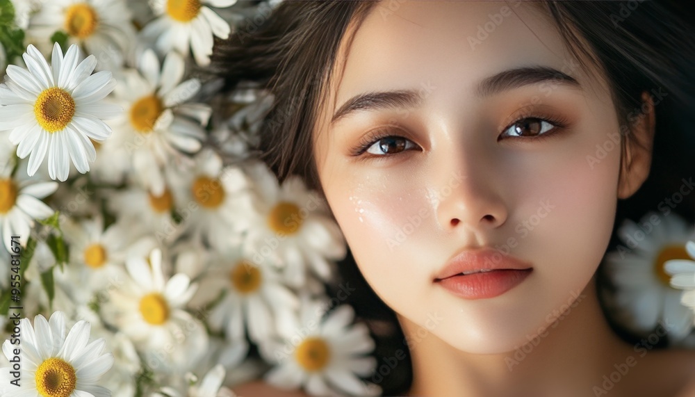 Portrait of a beautiful young asian woman surrounded by fresh white daisies for skin care Portrait of a beautiful young asian woman surrounded by fresh white daisies for skin care