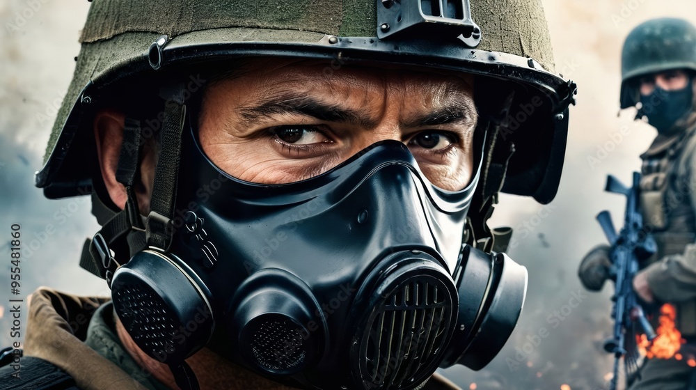 Man in Gas Mask Standing Next to Soldier Man in Gas Mask Standing Next to Soldier