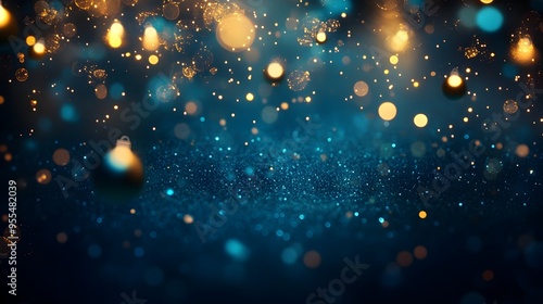 Luxurious Blue-Green Background with Sparkling Christmas Lights and Golden Foil