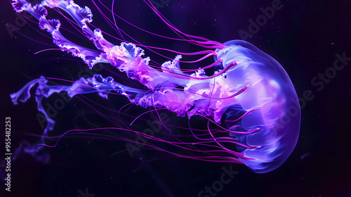 vibrant jellyfish floating against a stark black background, showcasing a stunning array of neon colors. photo