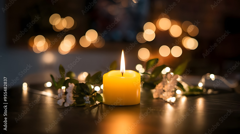 Yellow Candle Burning Brightly on Dark Table: Flame Casting Warm Light, Symbolizing Remembrance and Support (Setembro Amarelo). Yellow Candle Burning Brightly on Dark Table: Flame Casting Warm Light, Symbolizing Remembrance and Support (Setembro Amarelo).