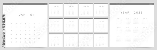 Minimalist 2025 Calendar. Clean Black and White Monthly Design Template.