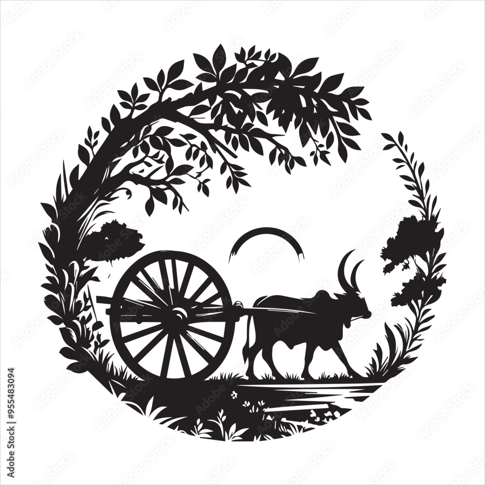 Fototapeta premium bullock cart wheel silhouette vector With White Background 