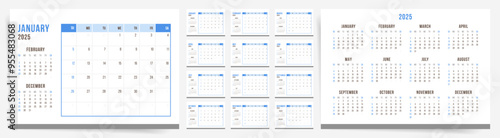 2025 Calendar. Blue and White Monthly Layout with Compact Overview and Week Starting Sunday.