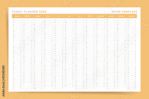 2025 Yearly Planner. Minimalist Work Template with Full Year Overview in Yellow and White.